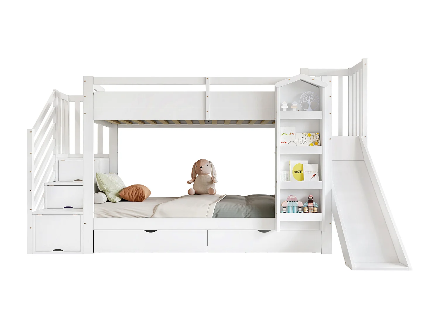 Lit superposé pour enfant - 2 x 90 x 200 cm - avec étagère + 2 tiroirs + toboggan + escalier de rangement - pin + MDF - blanc