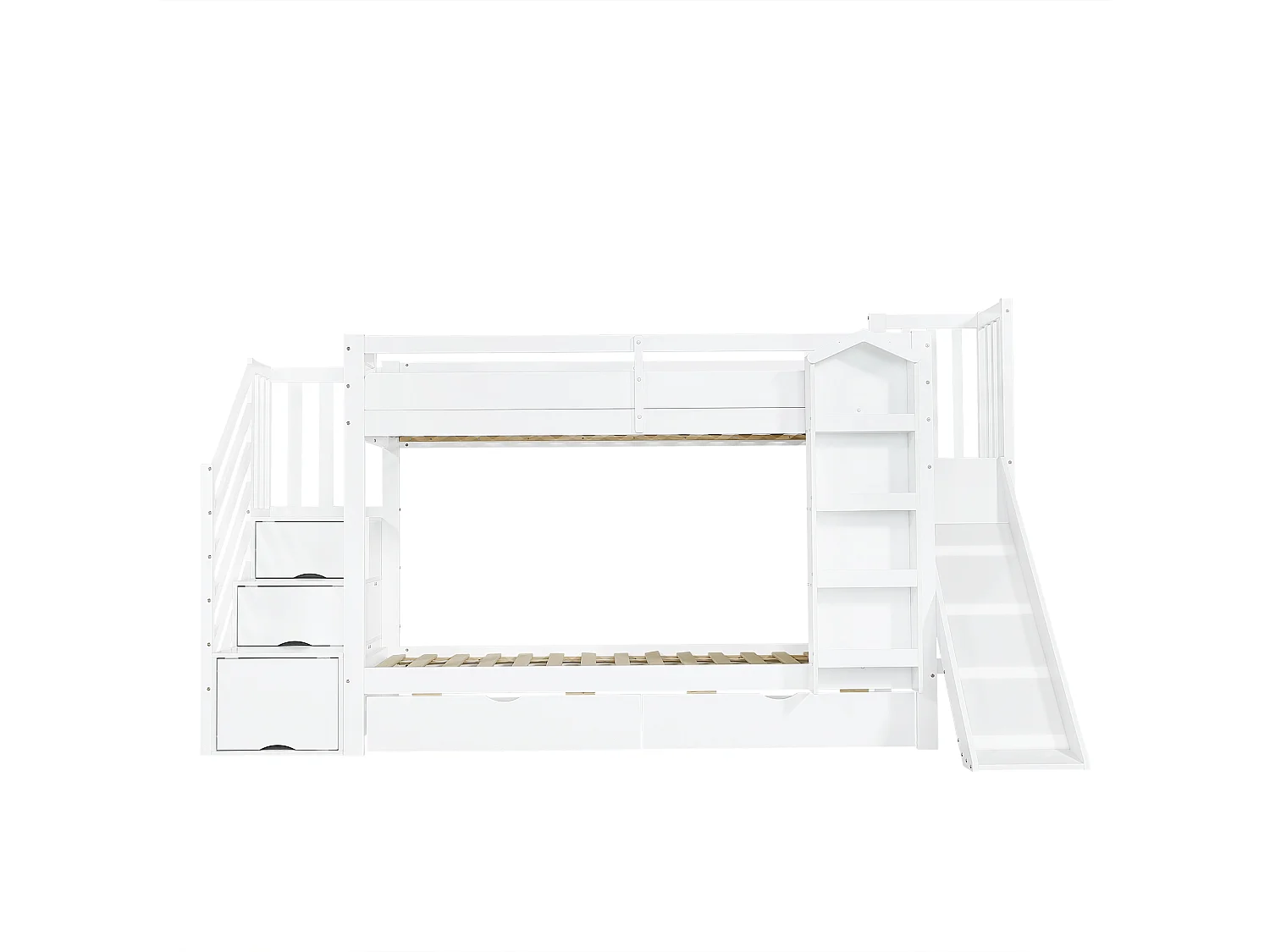 Lit superposé pour enfant - 2 x 90 x 200 cm - avec étagère + 2 tiroirs + toboggan + escalier de rangement - pin + MDF - blanc