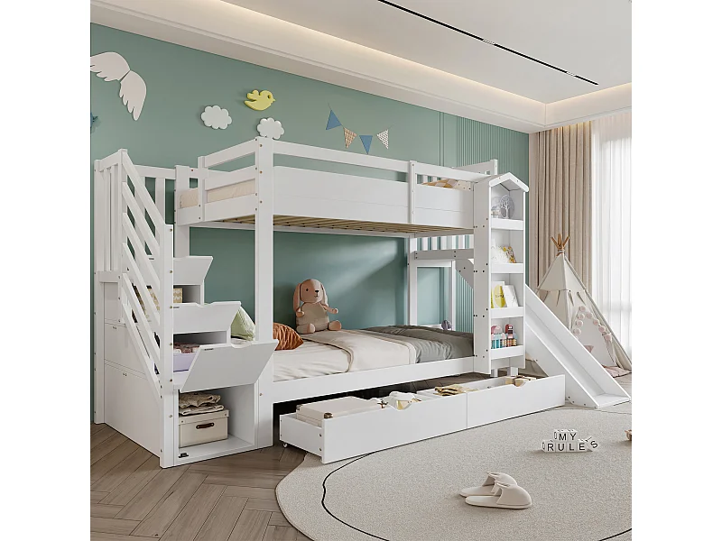 Lit superposé pour enfant - 2 x 90 x 200 cm - avec étagère + 2 tiroirs + toboggan + escalier de rangement - pin + MDF - blanc