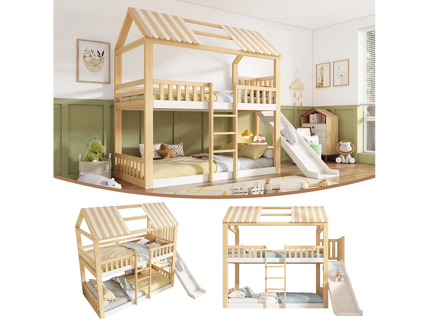 Lit superposé pour enfant - 90 x 200 cm - avec toit + toboggan + accès sécurisé + étagère - bois - naturel + blanc