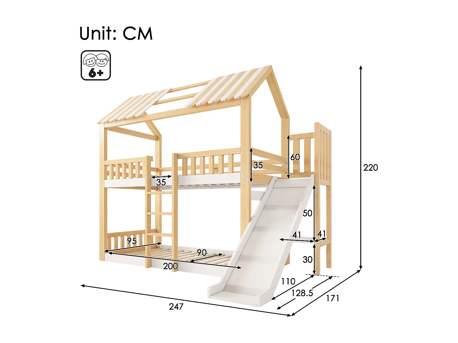 Lit superposé pour enfant - 90 x 200 cm - avec toit + toboggan + accès sécurisé + étagère - bois - naturel + blanc