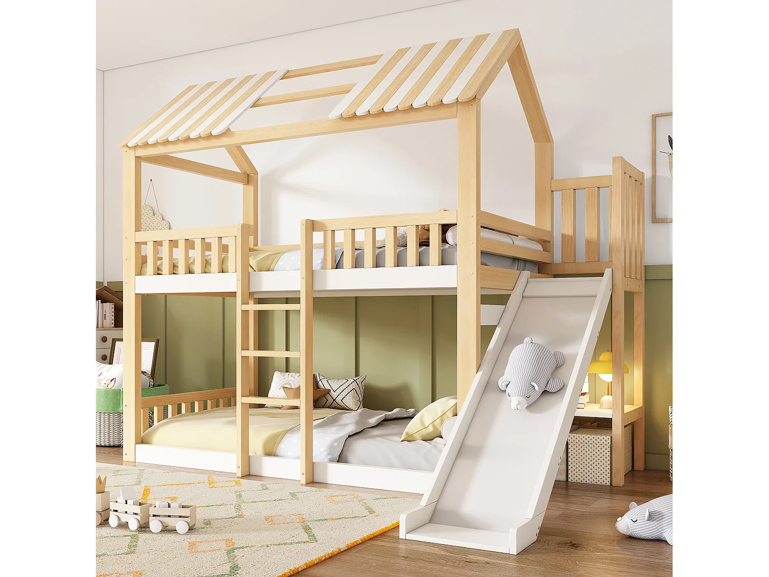 Lit superposé pour enfant - 90 x 200 cm - avec toit + toboggan + accès sécurisé + étagère - bois - naturel + blanc