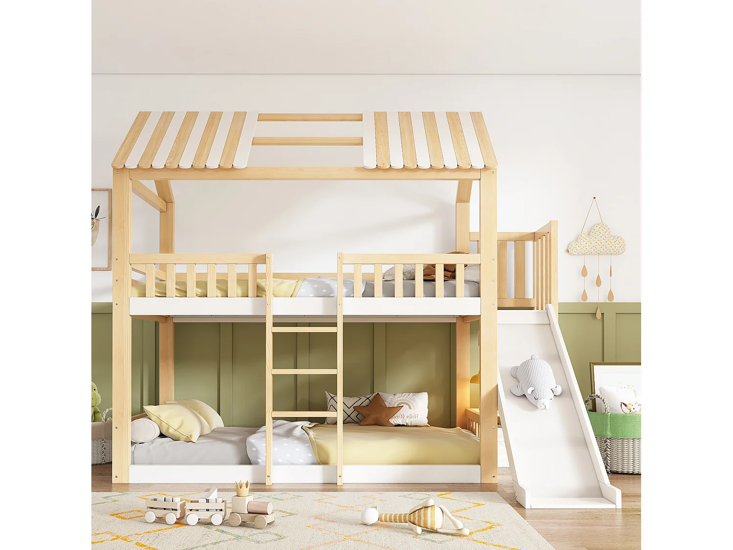 Lit superposé pour enfant - 90 x 200 cm - avec toit + toboggan + accès sécurisé + étagère - bois - naturel + blanc
