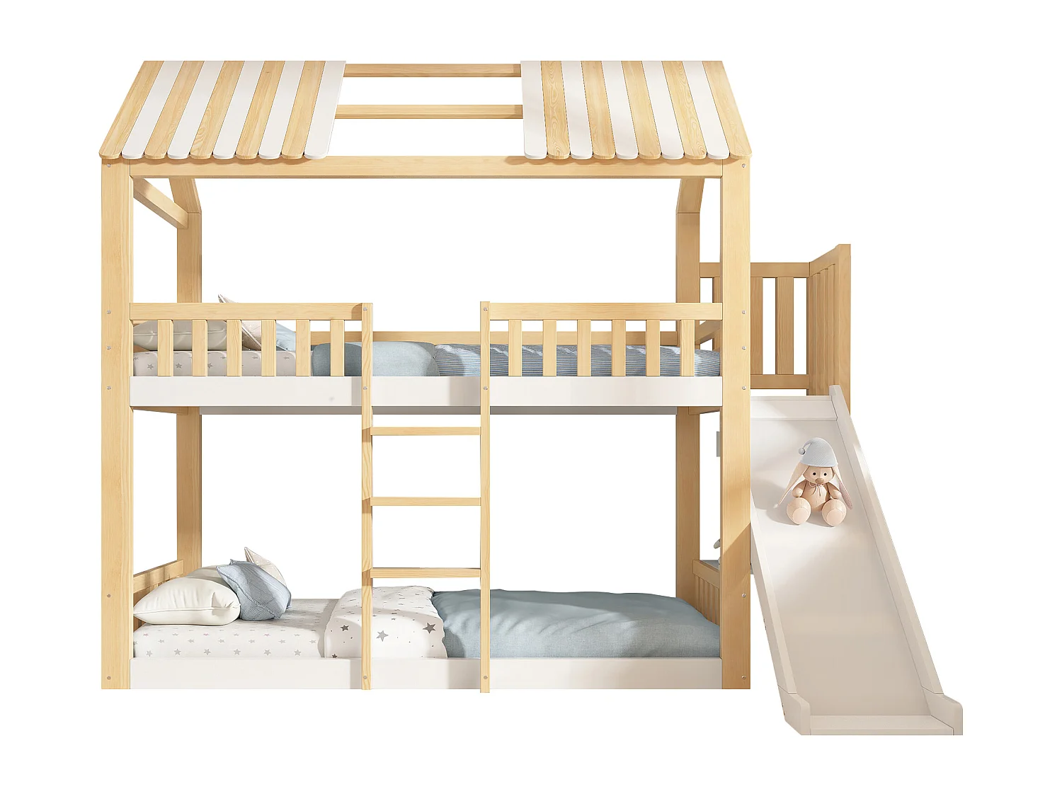 Lit superposé pour enfant - 90 x 200 cm - avec toit + toboggan + accès sécurisé + étagère - bois - naturel + blanc