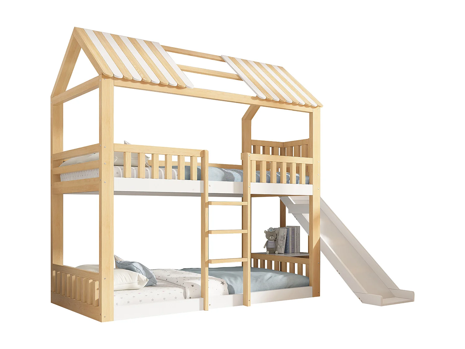 Lit superposé pour enfant - 90 x 200 cm - avec toit + toboggan + accès sécurisé + étagère - bois - naturel + blanc