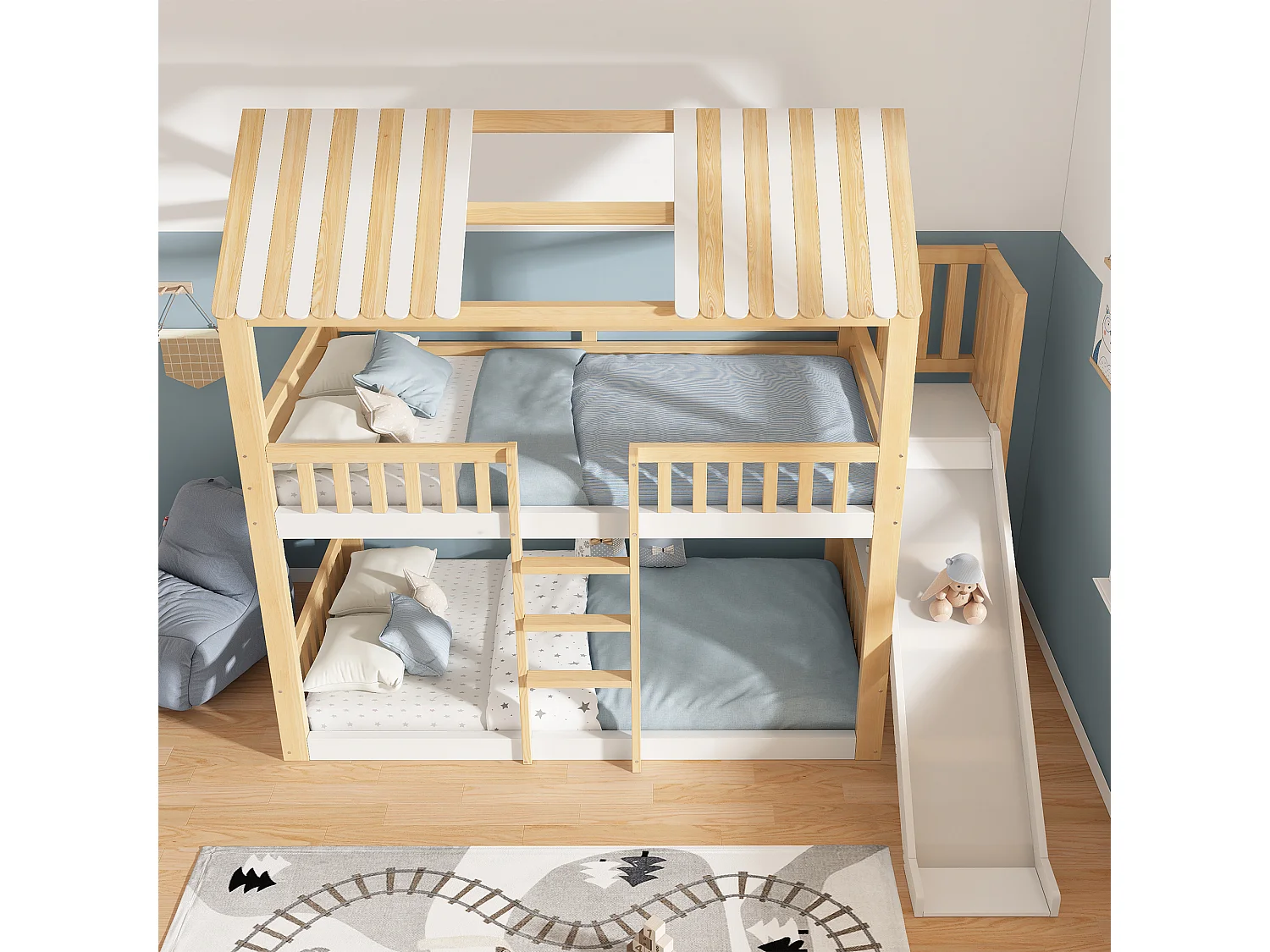 Lit superposé pour enfant - 90 x 200 cm - avec toit + toboggan + accès sécurisé + étagère - bois - naturel + blanc