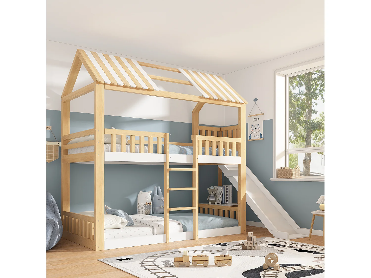 Lit superposé pour enfant - 90 x 200 cm - avec toit + toboggan + accès sécurisé + étagère - bois - naturel + blanc