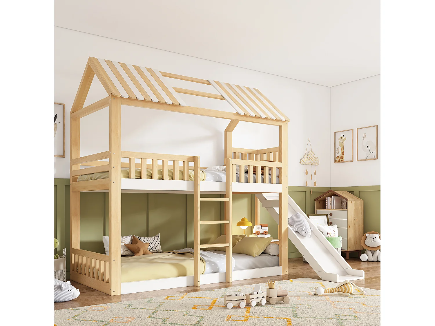 Lit superposé pour enfant - 90 x 200 cm - avec toit + toboggan + accès sécurisé + étagère - bois - naturel + blanc