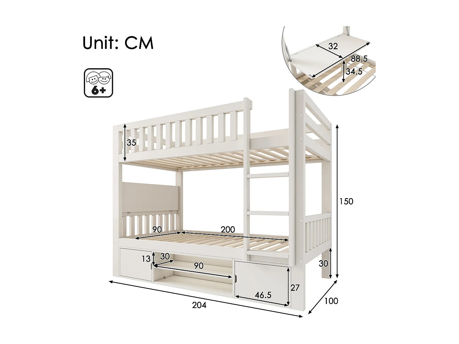 Lit superposé pour enfant - 90 x 200 cm - avec table rabattable + range-chaussures + 2 rangement - bois - blanc