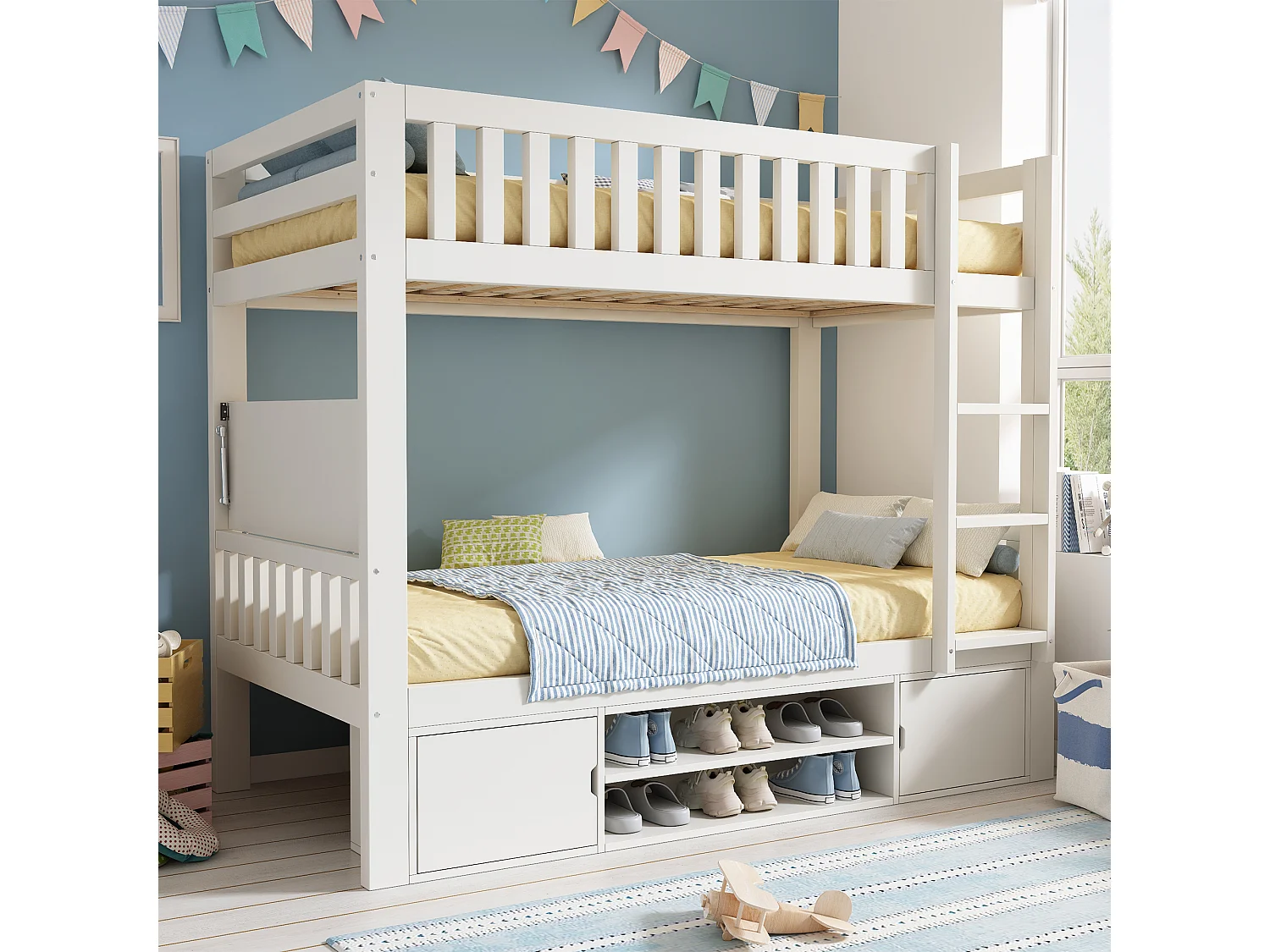Lit superposé pour enfant - 90 x 200 cm - avec table rabattable + range-chaussures + 2 rangement - bois - blanc