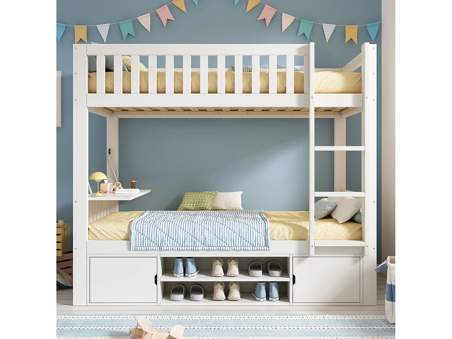 Lit superposé pour enfant - 90 x 200 cm - avec table rabattable + range-chaussures + 2 rangement - bois - blanc