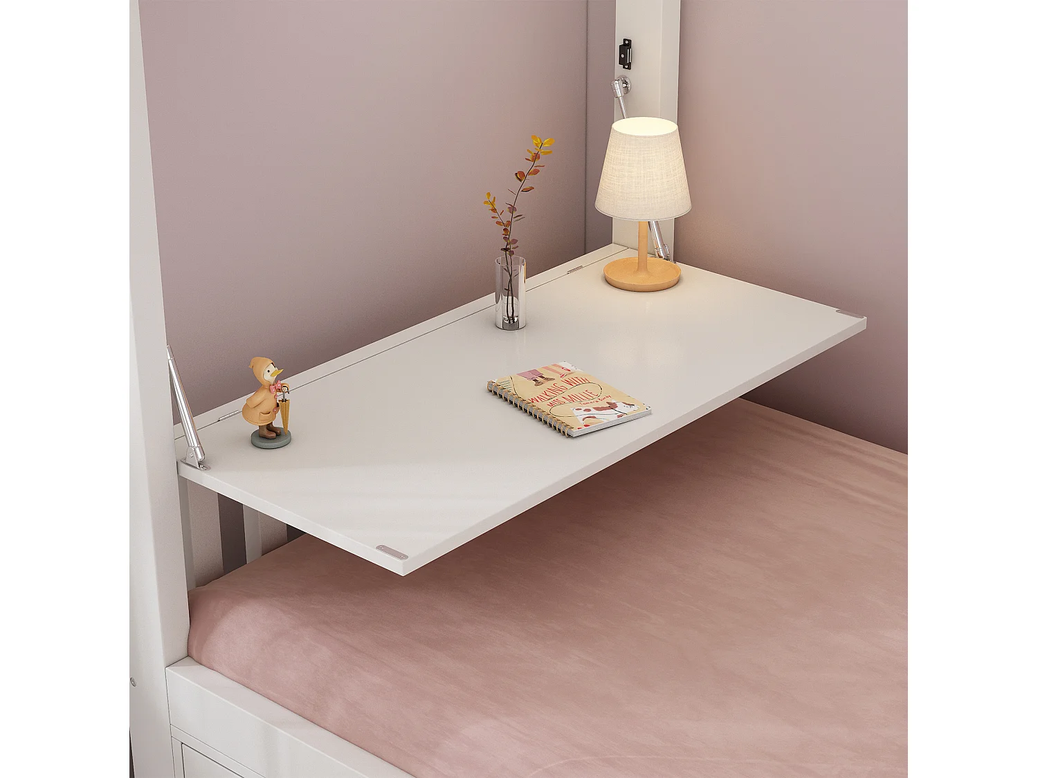 Lit superposé pour enfant - 90 x 200 cm - avec table rabattable + range-chaussures + 2 rangement - bois - blanc