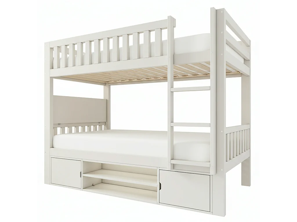 Lit superposé pour enfant - 90 x 200 cm - avec table rabattable + range-chaussures + 2 rangement - bois - blanc