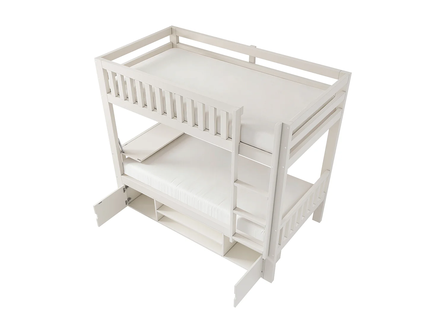 Lit superposé pour enfant - 90 x 200 cm - avec table rabattable + range-chaussures + 2 rangement - bois - blanc