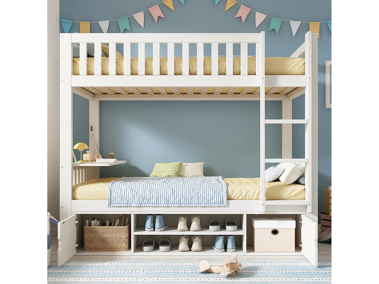 Lit superposé pour enfant - 90 x 200 cm - avec table rabattable + range-chaussures + 2 rangement - bois - blanc