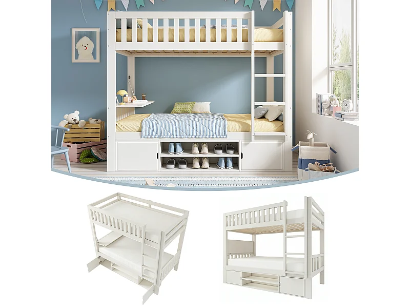 Lit superposé pour enfant - 90 x 200 cm - avec table rabattable + range-chaussures + 2 rangement - bois - blanc