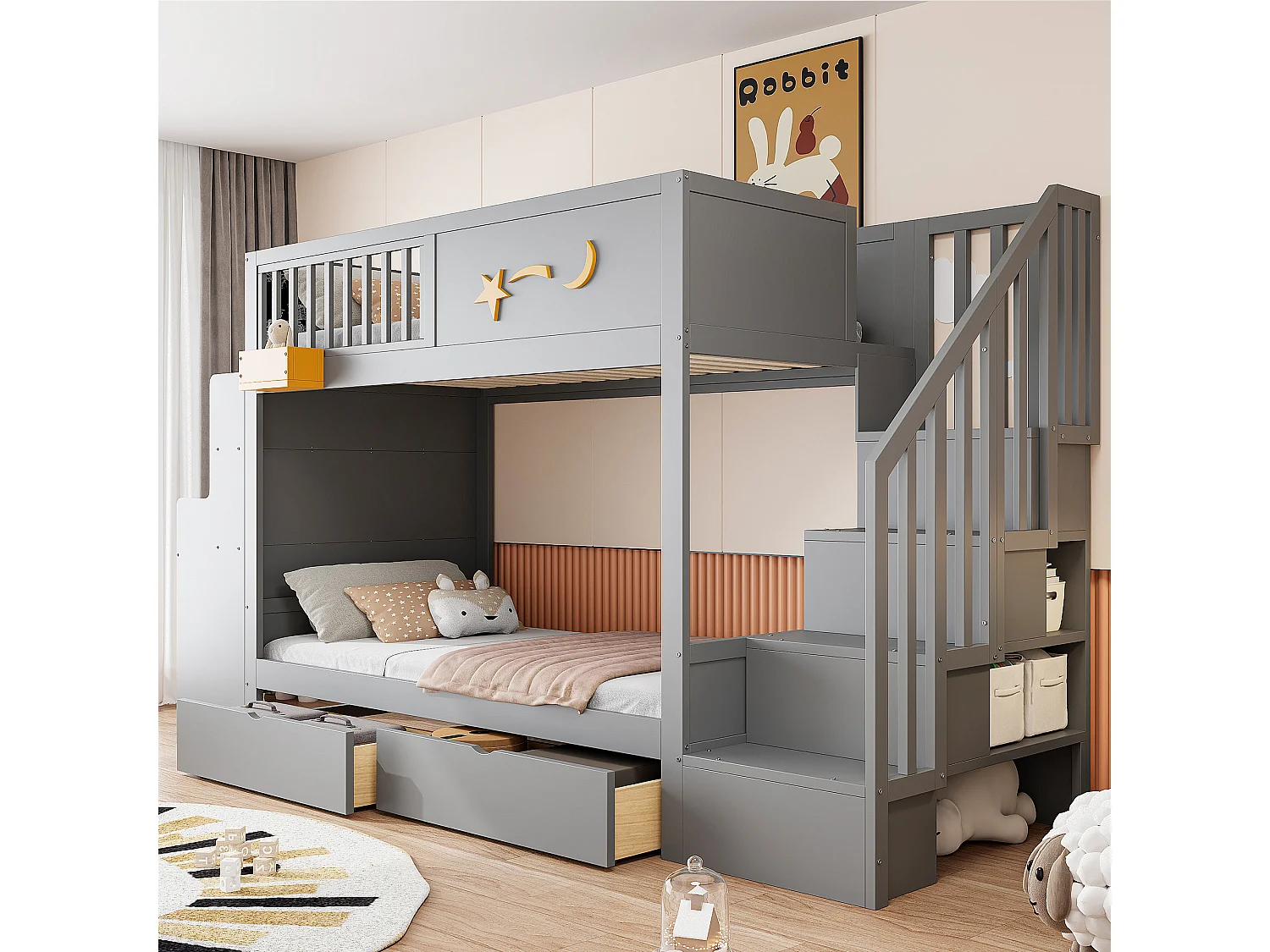 Lit superposé pour enfant - 2 x 90 x 200 cm - avec tiroirs + escalier de rangement + bureau - pin massif - gris