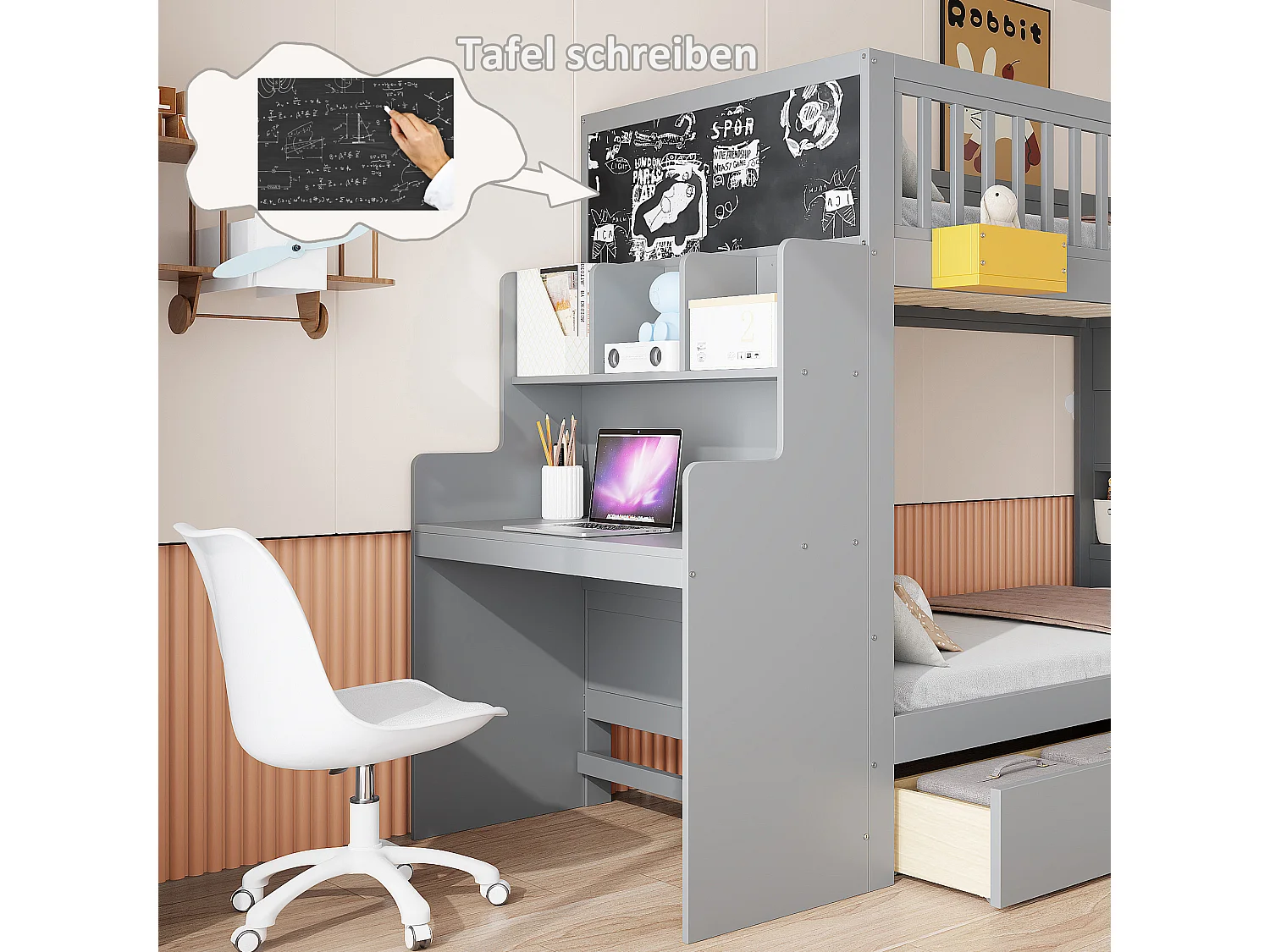 Lit superposé pour enfant - 2 x 90 x 200 cm - avec tiroirs + escalier de rangement + bureau - pin massif - gris