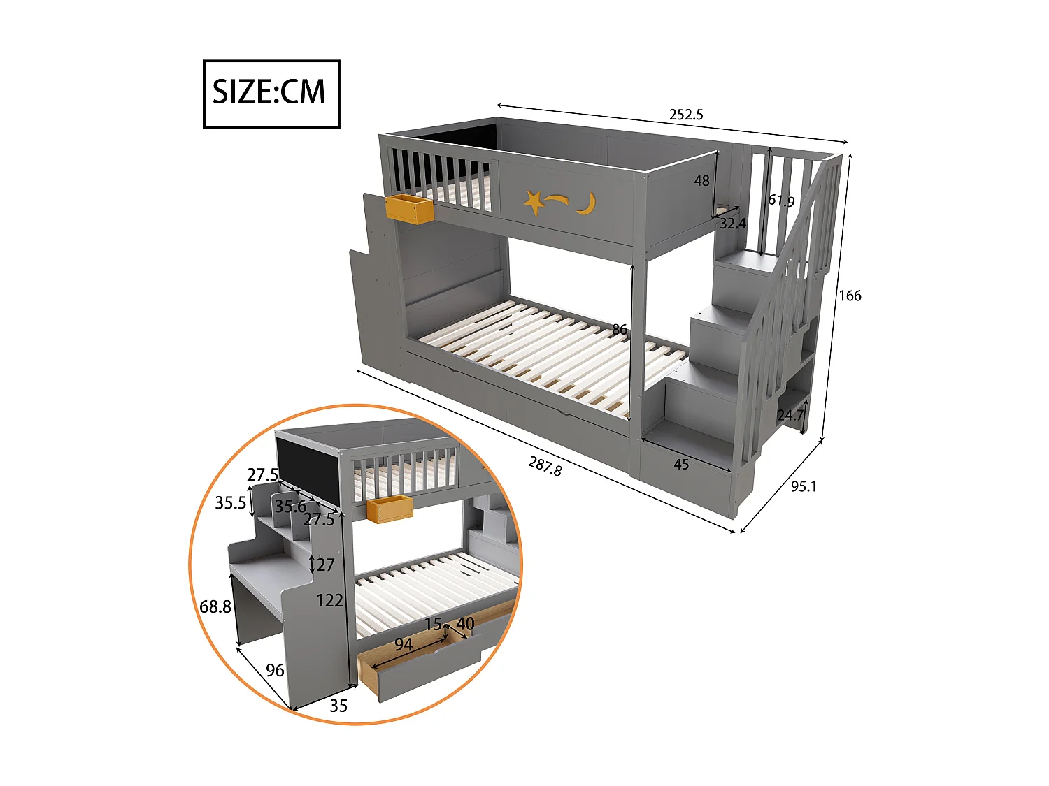 Lit superposé pour enfant - 2 x 90 x 200 cm - avec tiroirs + escalier de rangement + bureau - pin massif - gris