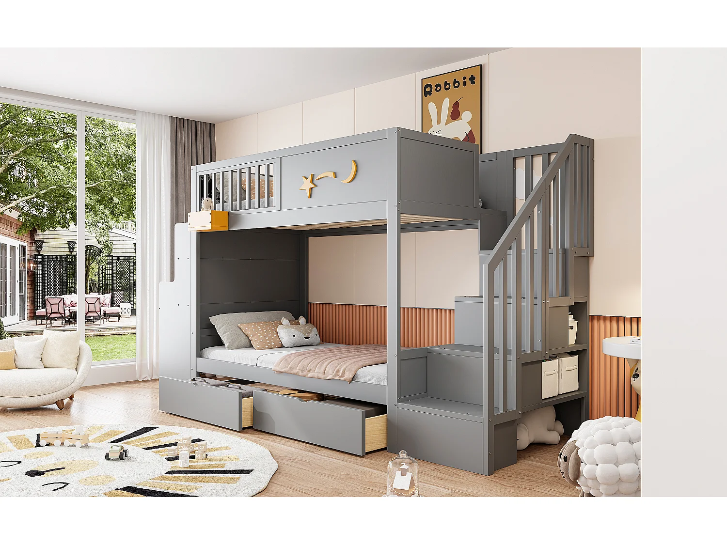Lit superposé pour enfant - 2 x 90 x 200 cm - avec tiroirs + escalier de rangement + bureau - pin massif - gris
