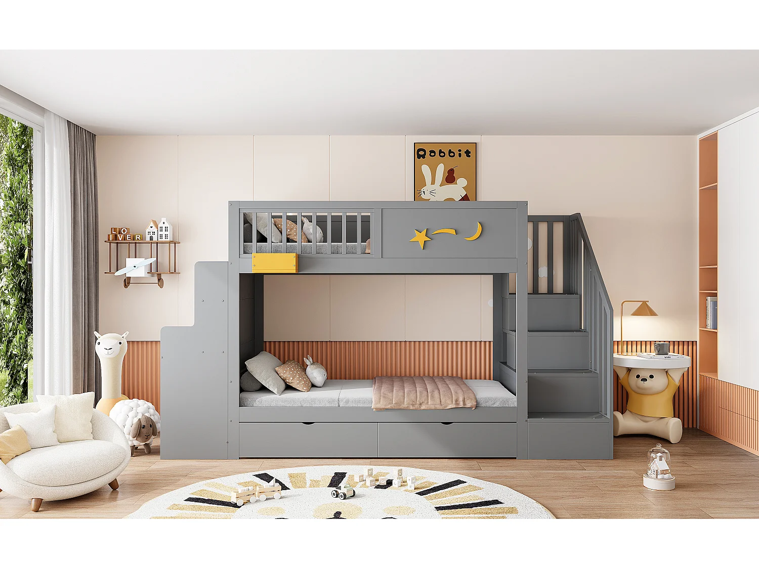 Lit superposé pour enfant - 2 x 90 x 200 cm - avec tiroirs + escalier de rangement + bureau - pin massif - gris