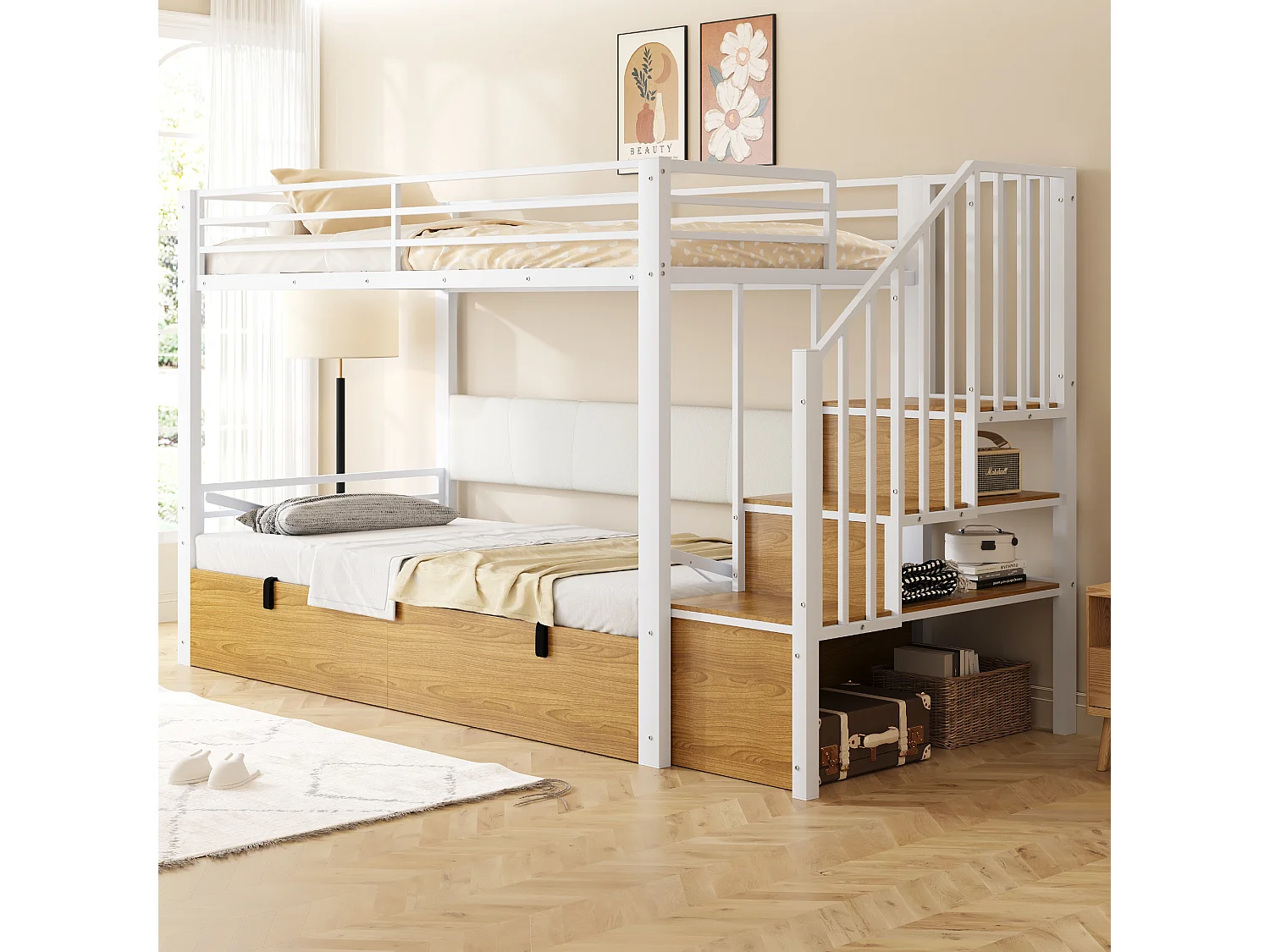 Lit superposé en métal pour enfant - 90 x 200 cm - avec rangement hydraulique + échelle de rangement - blanc