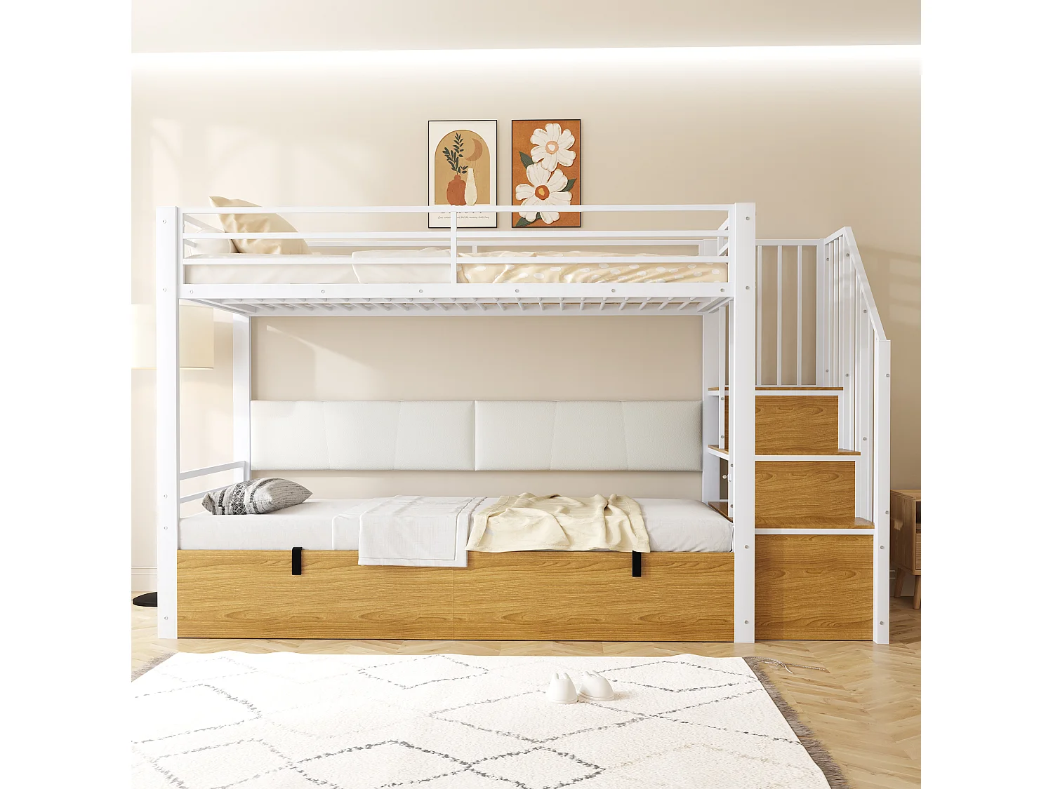 Lit superposé en métal pour enfant - 90 x 200 cm - avec rangement hydraulique + échelle de rangement - blanc