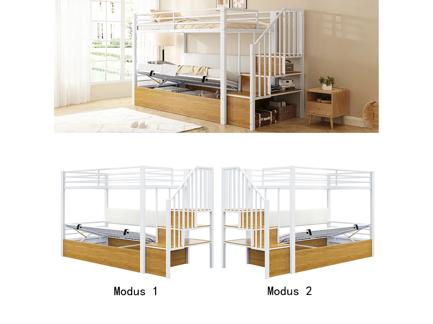 Lit superposé en métal pour enfant - 90 x 200 cm - avec rangement hydraulique + échelle de rangement - blanc
