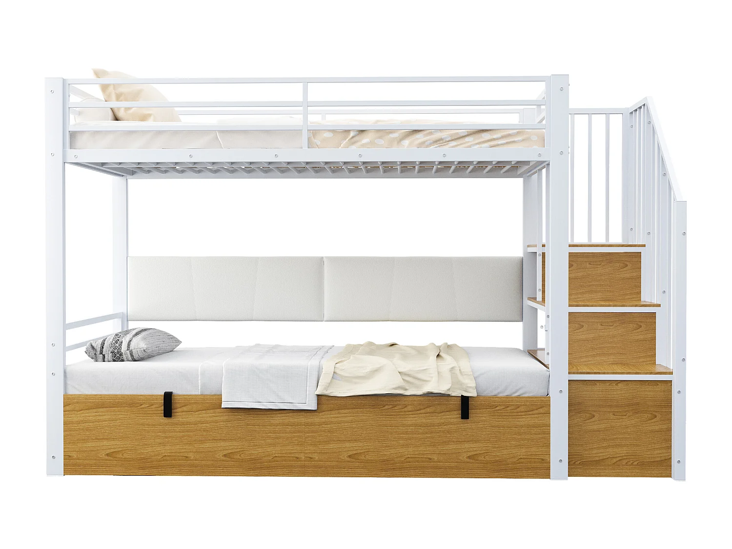 Lit superposé en métal pour enfant - 90 x 200 cm - avec rangement hydraulique + échelle de rangement - blanc