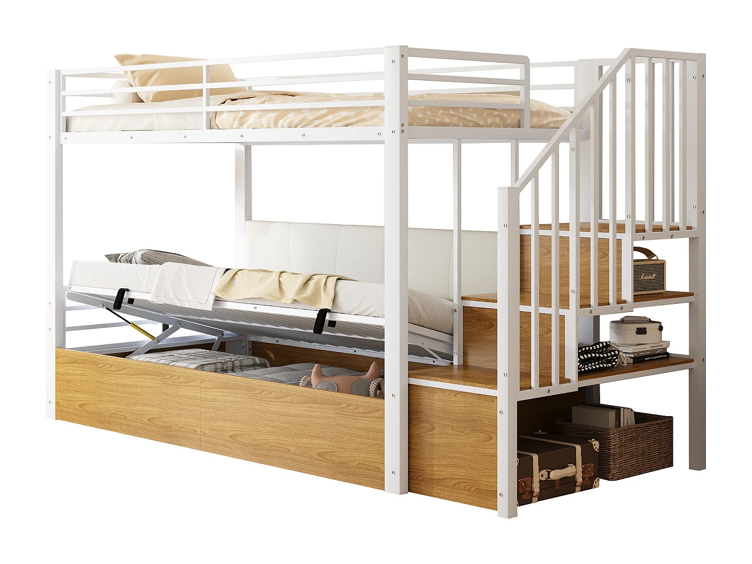 Lit superposé en métal pour enfant - 90 x 200 cm - avec rangement hydraulique + échelle de rangement - blanc