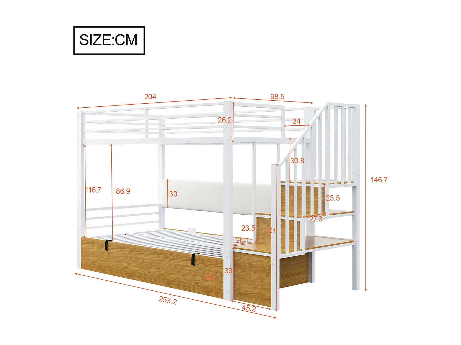 Lit superposé en métal pour enfant - 90 x 200 cm - avec rangement hydraulique + échelle de rangement - blanc