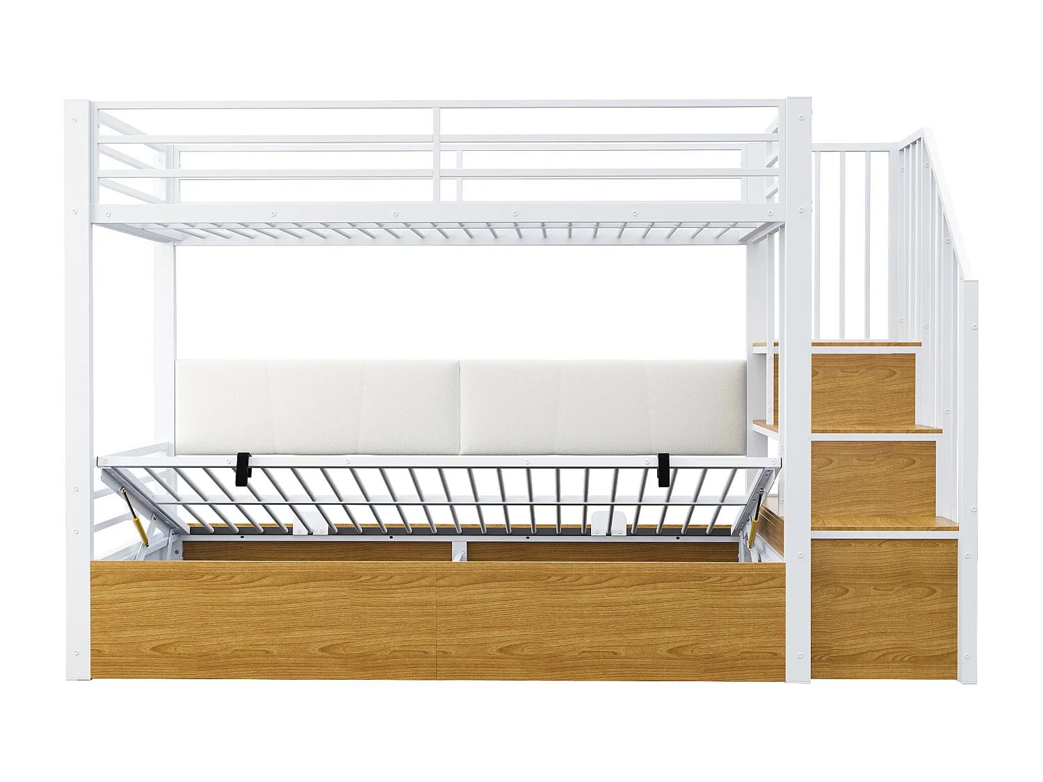 Lit superposé en métal pour enfant - 90 x 200 cm - avec rangement hydraulique + échelle de rangement - blanc