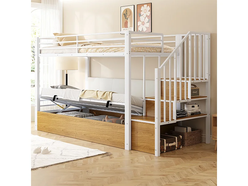 Lit superposé en métal pour enfant - 90 x 200 cm - avec rangement hydraulique + échelle de rangement - blanc