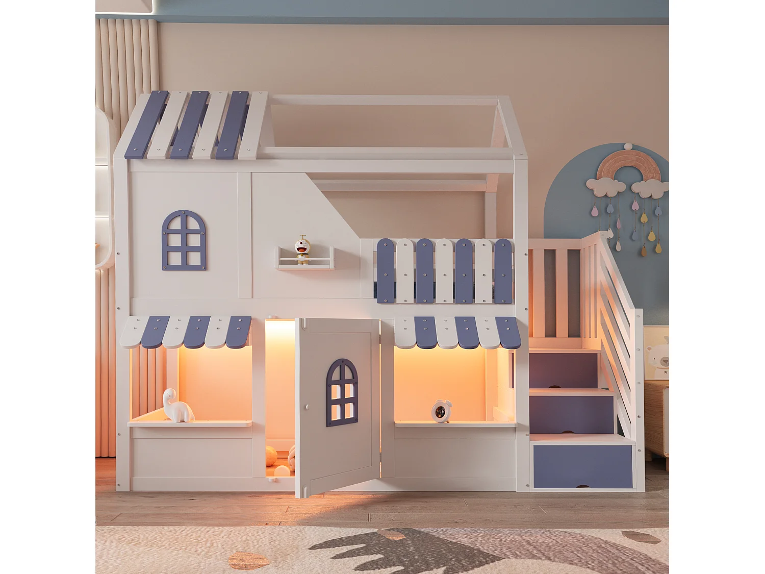 Lit superposé pour enfant - 90 x 200 cm - en forme de maison avec fenêtres + échelle de rangement + Leds + étagères - bois - blanc + bleu