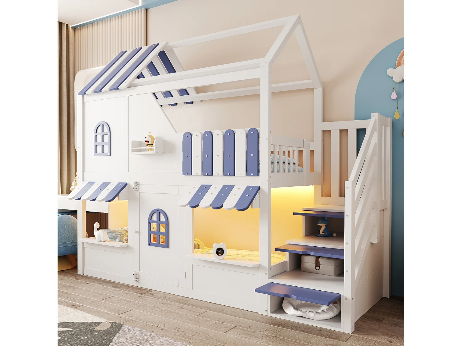 Lit superposé pour enfant - 90 x 200 cm - en forme de maison avec fenêtres + échelle de rangement + Leds + étagères - bois - blanc + bleu