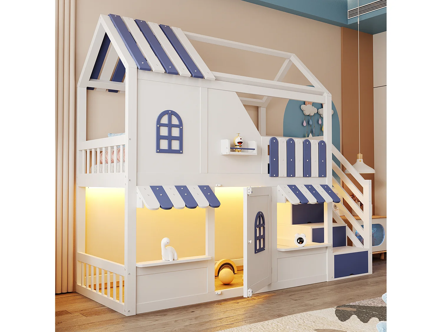 Lit superposé pour enfant - 90 x 200 cm - en forme de maison avec fenêtres + échelle de rangement + Leds + étagères - bois - blanc + bleu