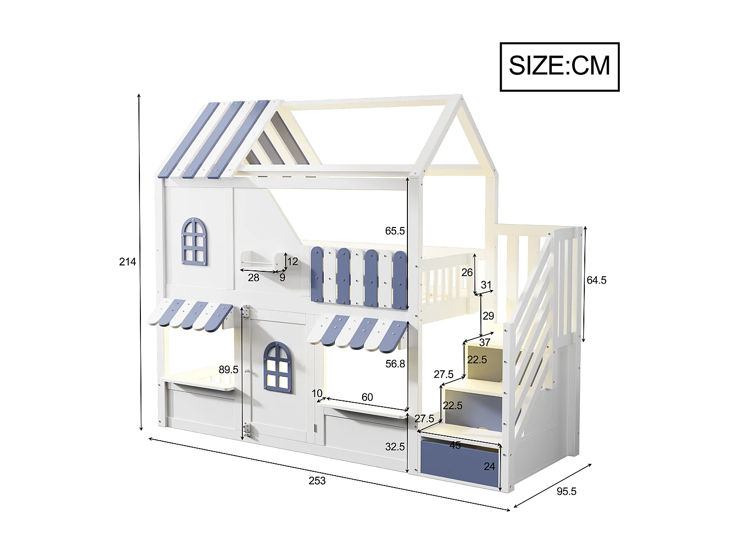 Lit superposé pour enfant - 90 x 200 cm - en forme de maison avec fenêtres + échelle de rangement + Leds + étagères - bois - blanc + bleu