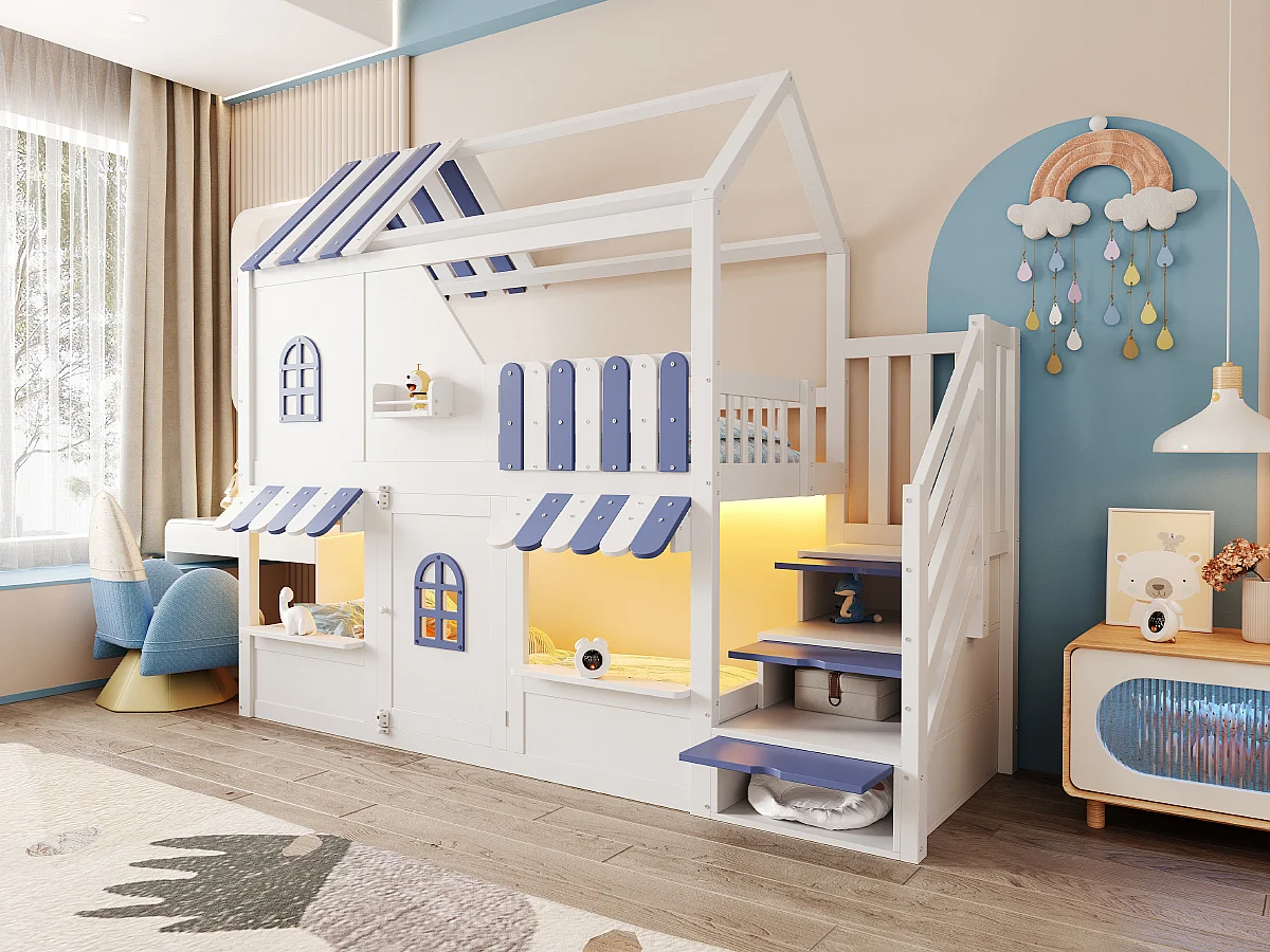 Lit superposé pour enfant - 90 x 200 cm - en forme de maison avec fenêtres + échelle de rangement + Leds + étagères - bois - blanc + bleu