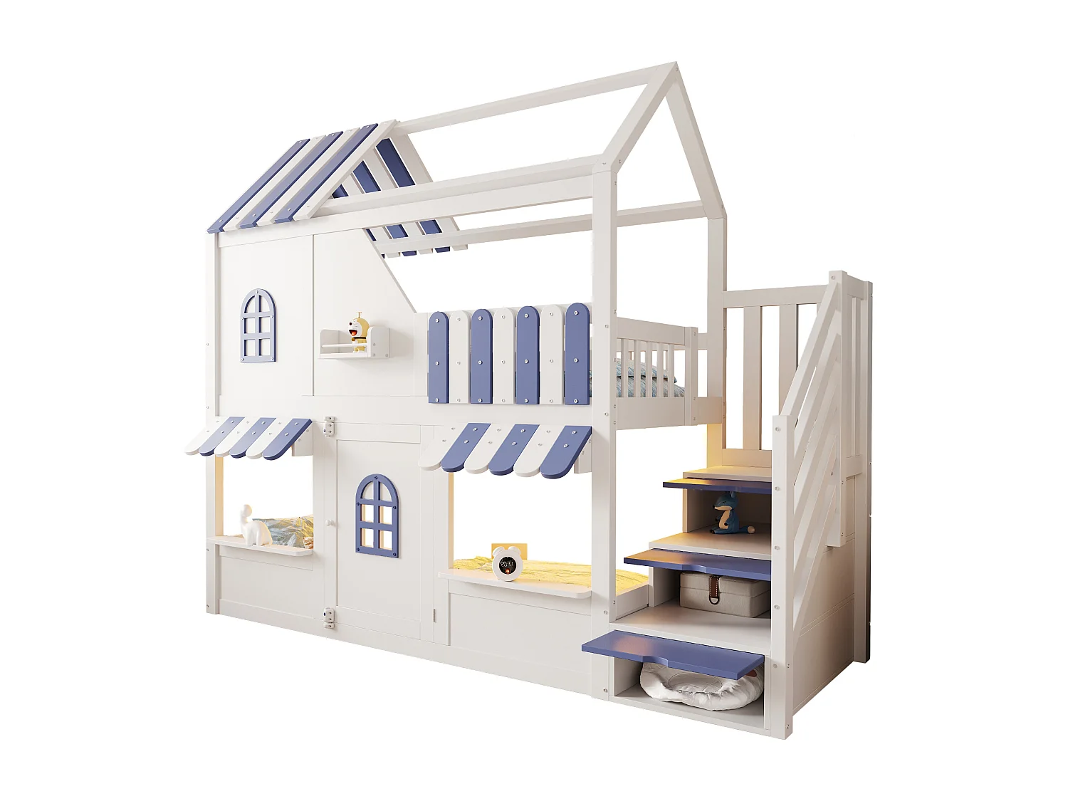 Lit superposé pour enfant - 90 x 200 cm - en forme de maison avec fenêtres + échelle de rangement + Leds + étagères - bois - blanc + bleu