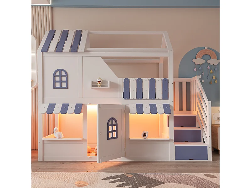 Lit superposé pour enfant - 90 x 200 cm - en forme de maison avec fenêtres + échelle de rangement + Leds + étagères - bois - blanc + bleu