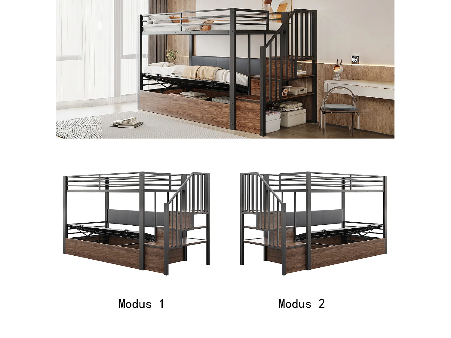 Lit superposé en métal pour enfant - 90 x 200 cm - avec rangement hydraulique + échelle de rangement - noir