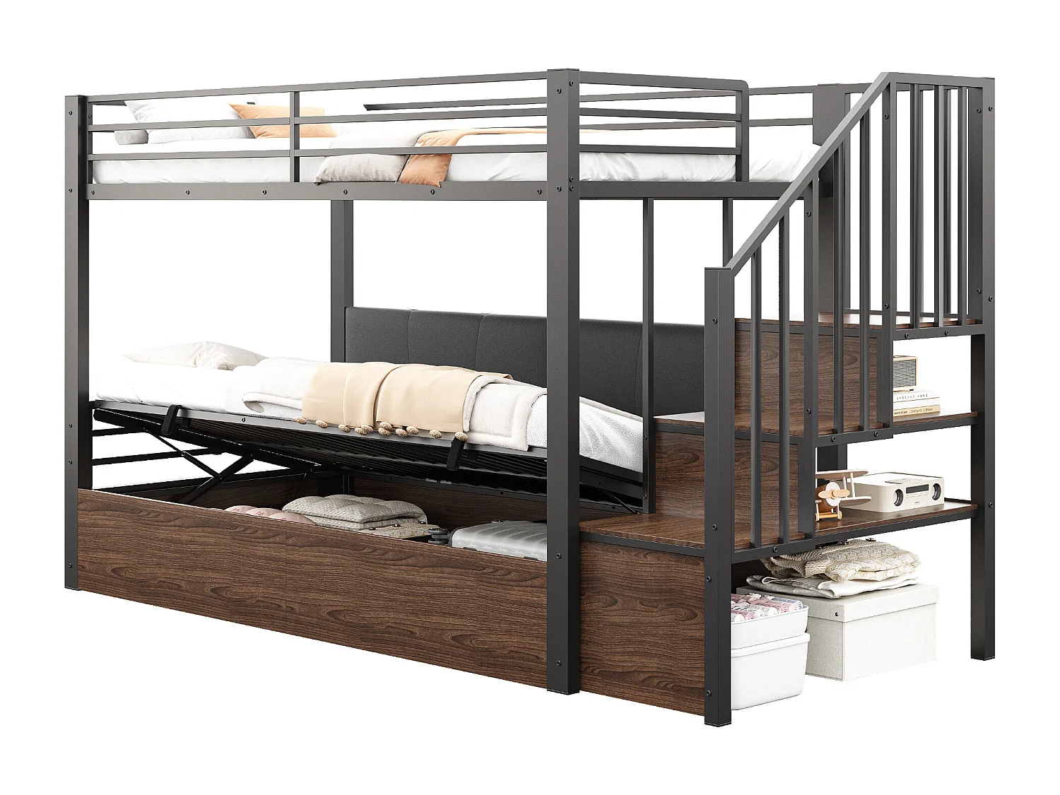 Lit superposé en métal pour enfant - 90 x 200 cm - avec rangement hydraulique + échelle de rangement - noir