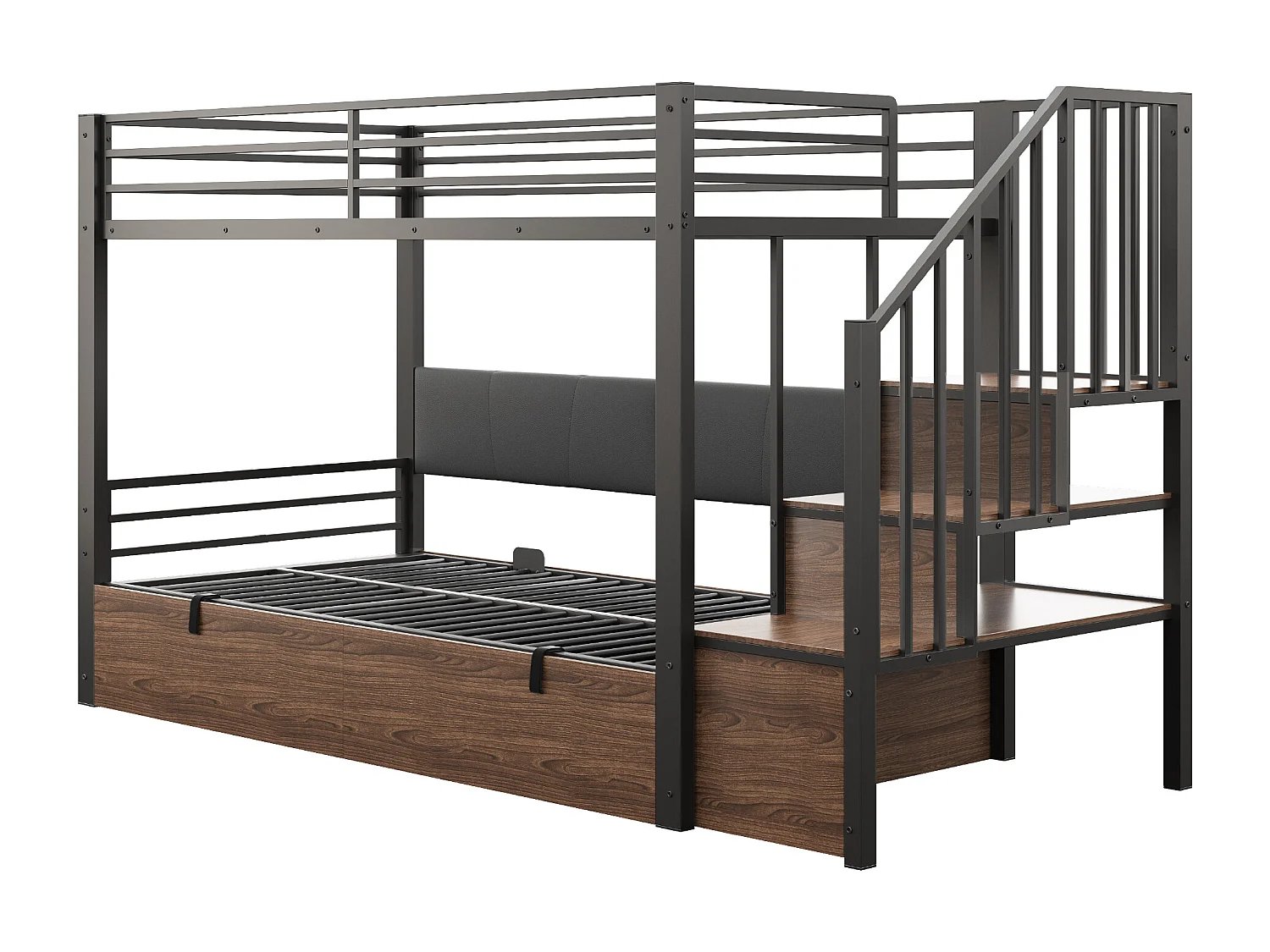 Lit superposé en métal pour enfant - 90 x 200 cm - avec rangement hydraulique + échelle de rangement - noir