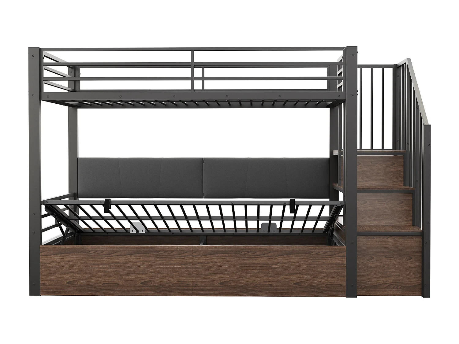 Lit superposé en métal pour enfant - 90 x 200 cm - avec rangement hydraulique + échelle de rangement - noir