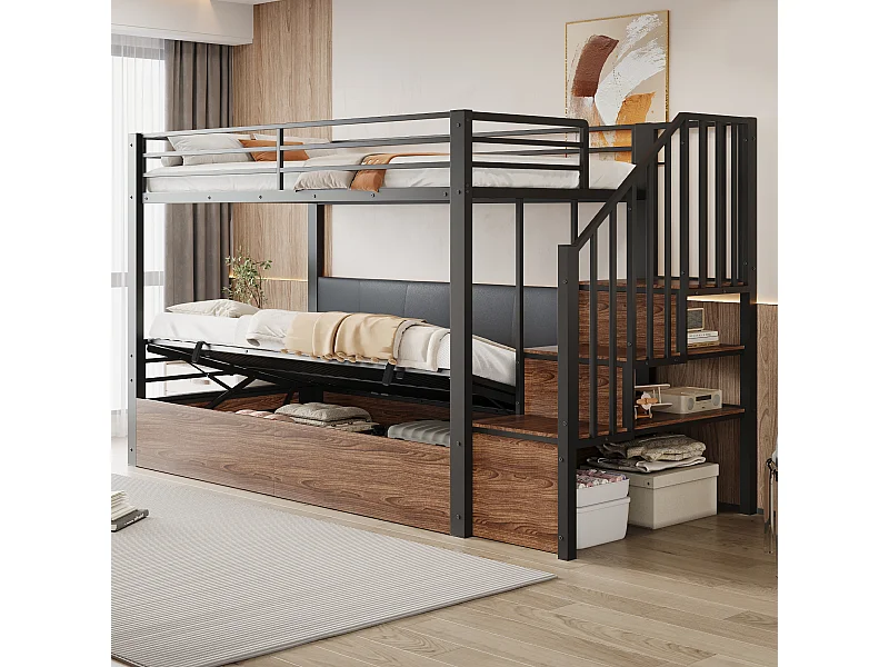 Lit superposé en métal pour enfant - 90 x 200 cm - avec rangement hydraulique + échelle de rangement - noir