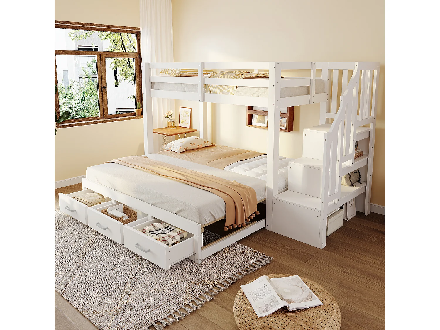 Lit superposé enfant - 90 x 200 cm - avec lit gigogne 90/180 x 190 cm + échelle de rangement + tiroirs - bois - blanc