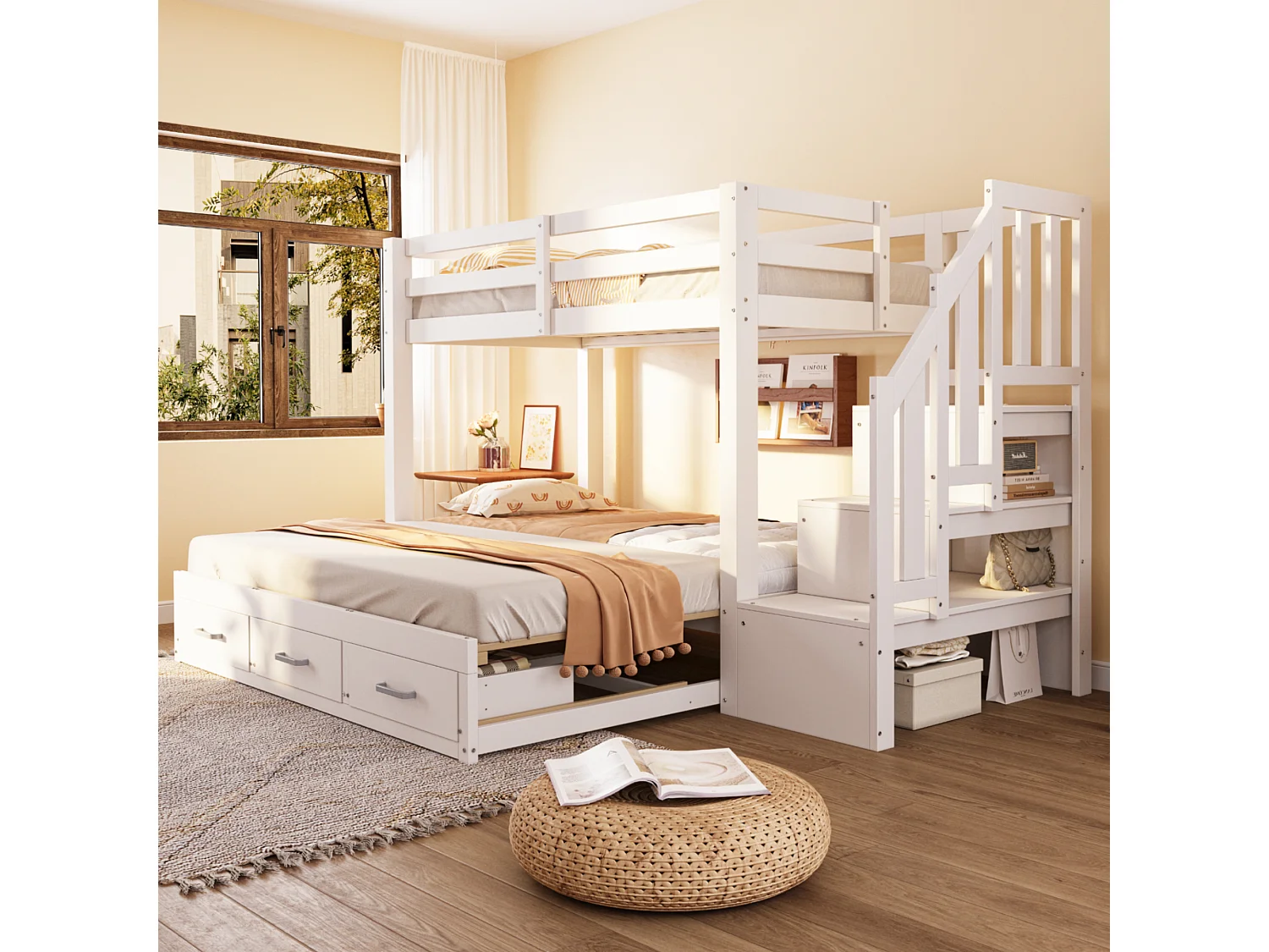 Lit superposé enfant - 90 x 200 cm - avec lit gigogne 90/180 x 190 cm + échelle de rangement + tiroirs - bois - blanc