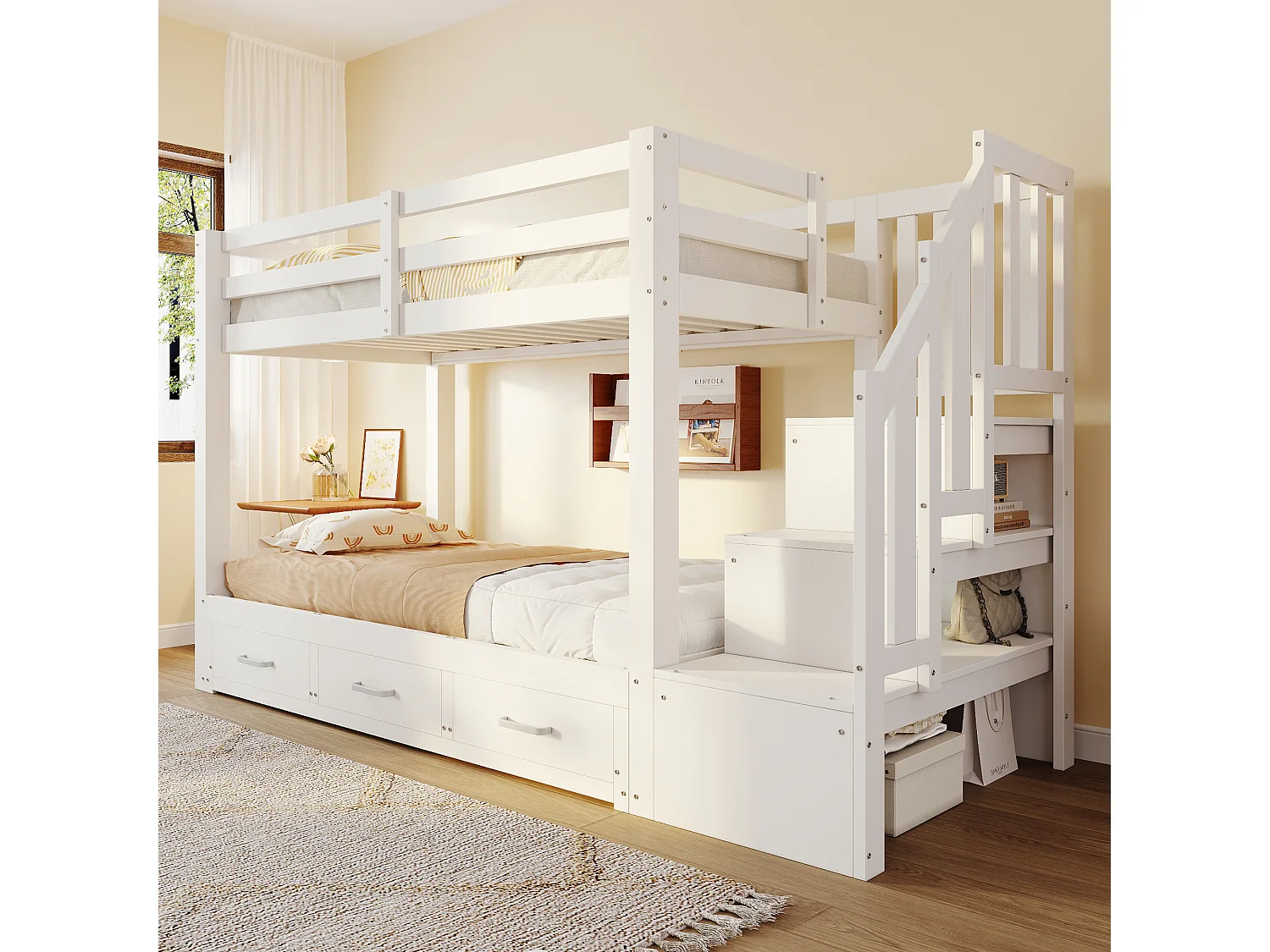 Lit superposé enfant - 90 x 200 cm - avec lit gigogne 90/180 x 190 cm + échelle de rangement + tiroirs - bois - blanc