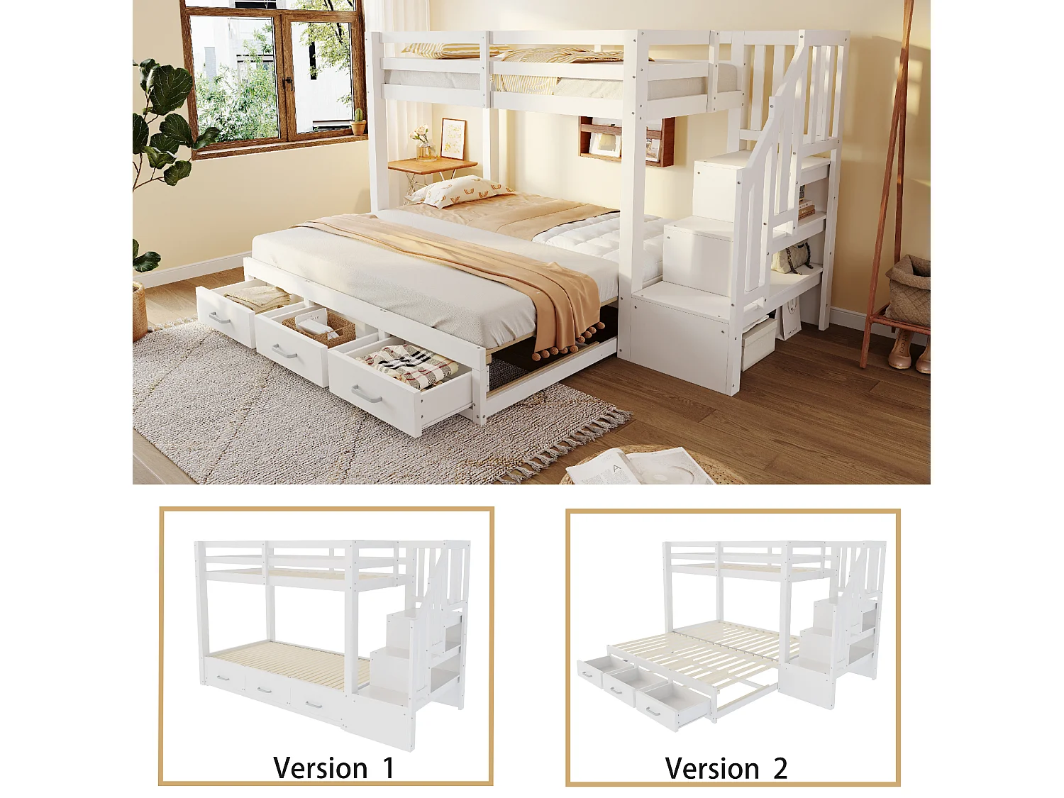 Lit superposé enfant - 90 x 200 cm - avec lit gigogne 90/180 x 190 cm + échelle de rangement + tiroirs - bois - blanc