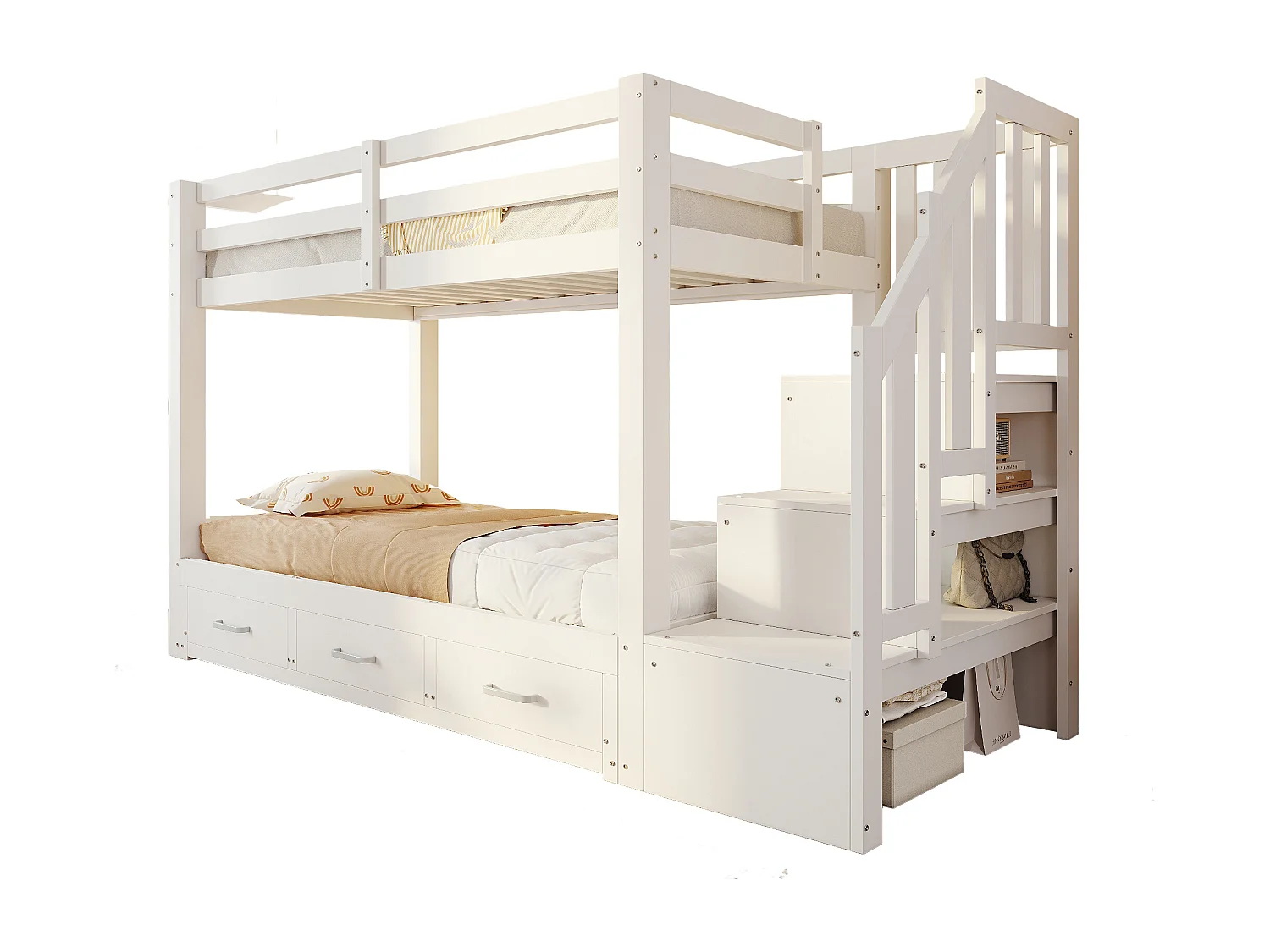 Lit superposé enfant - 90 x 200 cm - avec lit gigogne 90/180 x 190 cm + échelle de rangement + tiroirs - bois - blanc